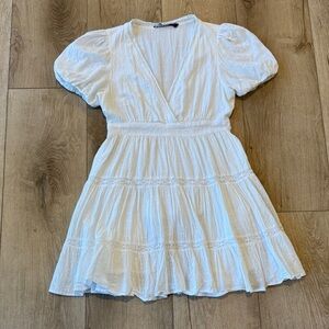 Zara White Mini Dress with Puff Sleeves